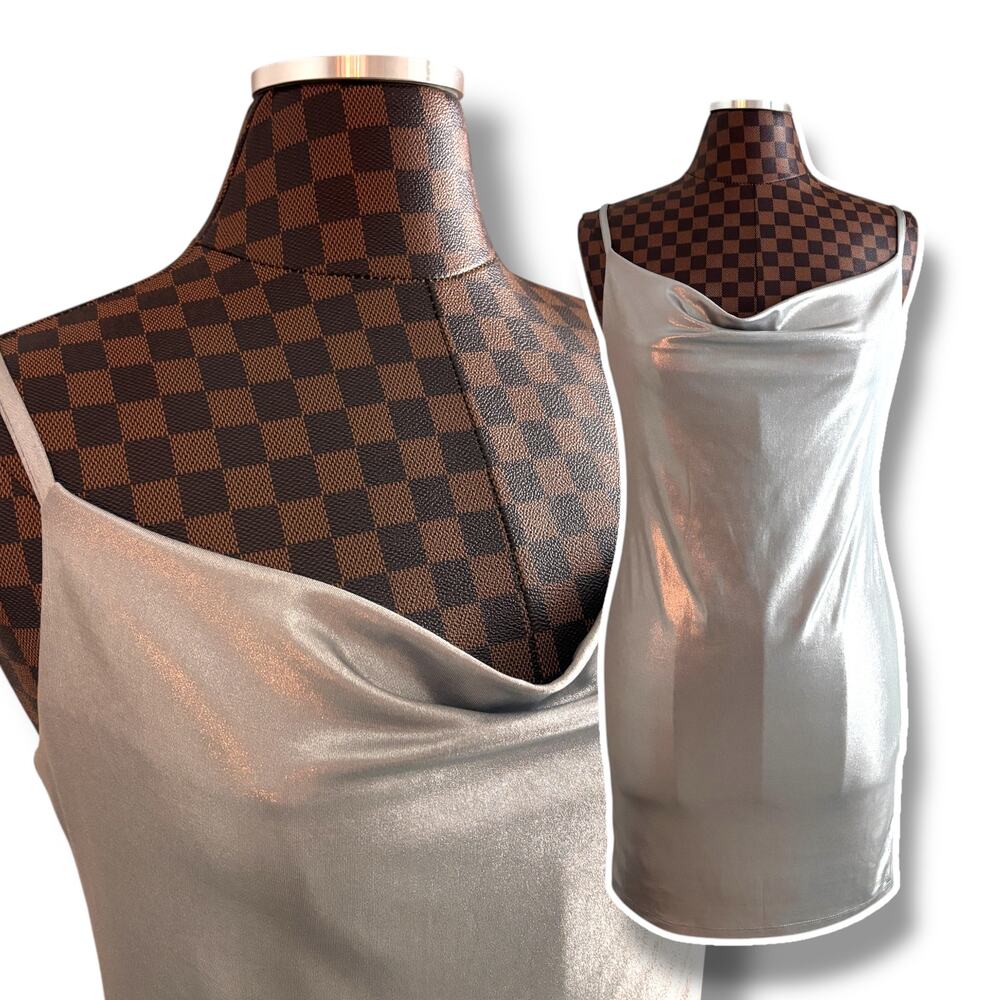 Silver Mini Slip Dress Size Large Shift Party Cocktail Disco Rave Going Out Gilt